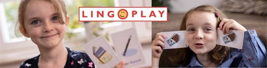 Lingo Play logo ja hymyilevat tytot puheterapiakortteja kadessaan